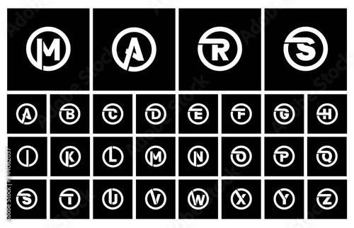 Modern Set of templates, minimalistic capital letters inscribed in a circle of wide white bands with an overlay of shadows. To create emblems, monograms, logos. Vector