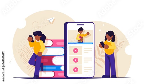 Students study the curriculum remotely by browsing webinars on a mobile phone screen. Modern flat vector illustration.