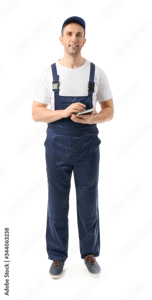 Male truck driver with tablet computer on white background Male truck driver with tablet computer on white background