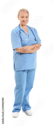 Mature female doctor on white background