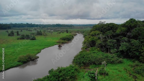 Beautiful scenery with green plains and river inside the jungle of Loango National Park, drone shot in Gabon photo