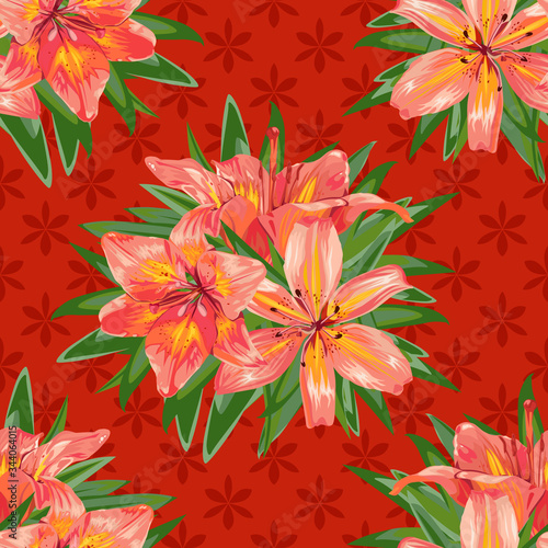 Seamless pattern. Orange lily flowers on a red background.