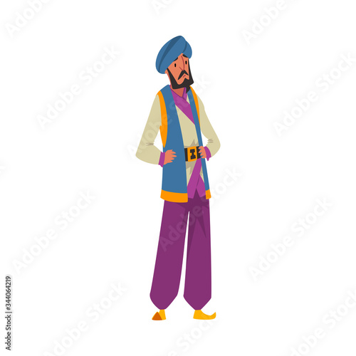 Arab Man in Oriental Costume, Arabian Fairy Tale Cartoon Character Vector Illustration