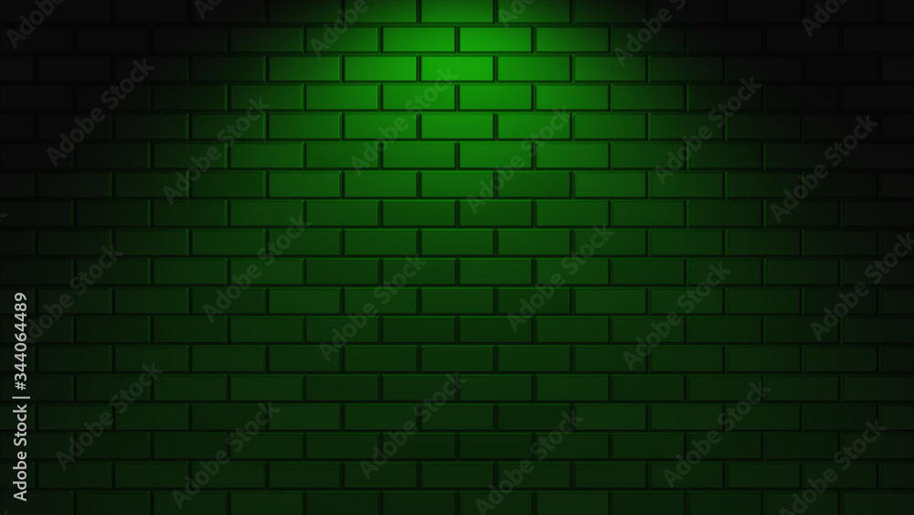 Black brick wall with green neon light with copy space. Lighting effect  green color glow on brick wall background. Royalty high-quality free stock  photo image of blank, empty background for texture Stock