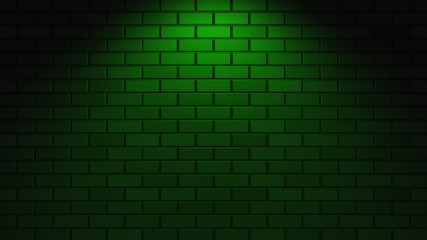 Black brick wall with green neon light with copy space. Lighting effect green color glow on brick wall background. Royalty high-quality free stock photo image of blank, empty background for texture