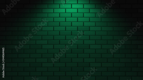 Black brick wall with green neon light with copy space. Lighting effect green color glow on brick wall background. Royalty high-quality free stock photo image of blank, empty background for texture