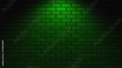 Black brick wall with green neon light with copy space. Lighting effect green color glow on brick wall background. Royalty high-quality free stock photo image of blank, empty background for texture