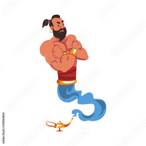 Genie Coming Out of Lamp, Oriental Arabian Fairy Tale Cartoon Character Vector Illustration