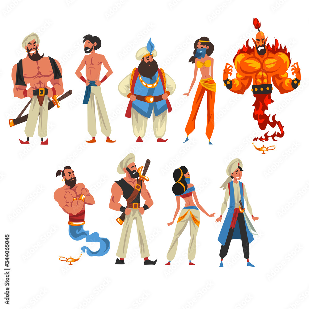 Oriental Fairy Tale Cartoon Characters Collection, Beautiful Arabian  Princess, Sultan, Vizier, Aladdin, Fire Genie, Vector Illustration Stock  Vector | Adobe Stock