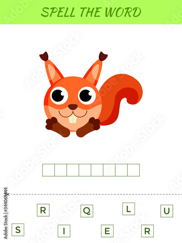 Spelling word scramble game template. Educational activity for preschool years kids and toddlers with cute squirrel. Flat vector stock illustration.