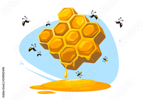 Vector illustration of a honeycomb with flying bees, honey flowing