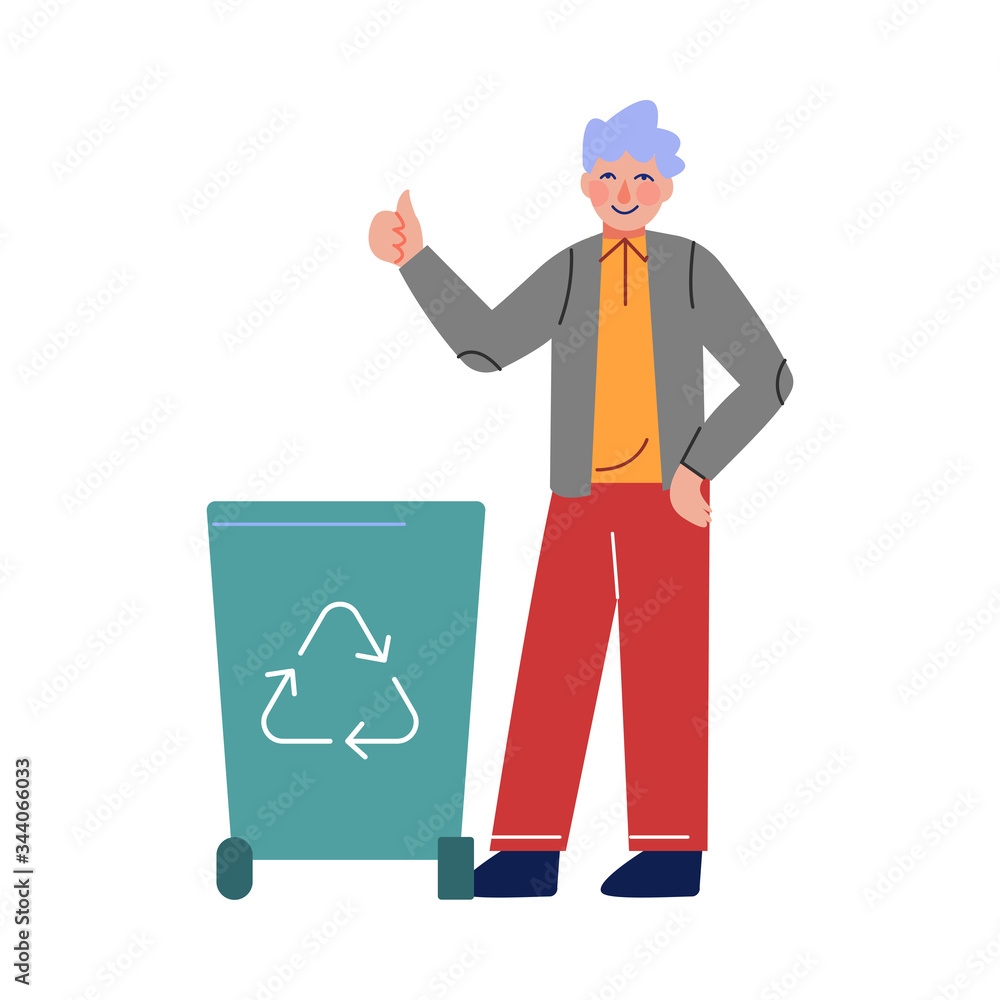 Boy Collecting Plastic Wastes into Trash Bin for Recycling, Volunteer Saving and Protecting the Environment from Pollution Vector Illustration