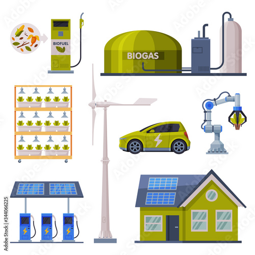 Eco Friendly Technologies Collection, Green Energy Production, Friendly Organic Farming and Ecological Transport, Alternative Power Flat Vector Illustration