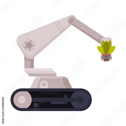 Industrial Machine Robotic Arm with Potted Plant  Smart Farming Technology  Hydroponics Gardening System Flat Vector Illustration