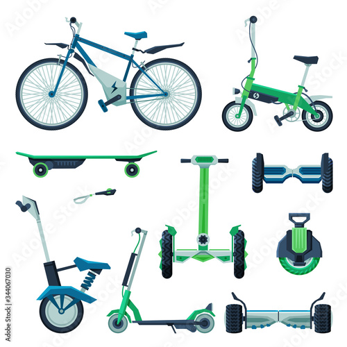 Personal Eco Friendly Electric Alternative Transport Collection, Segway, Gyroscooter, Electro Bike, Monowheel Vehicles Vector Illustration