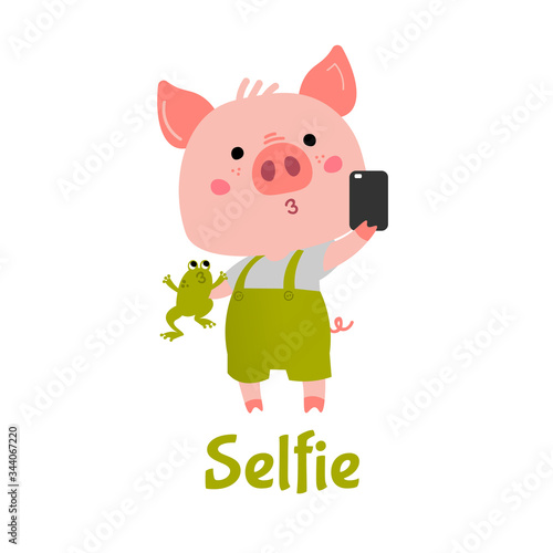 Vector Pink Piggy boy with a green frog makes selfie. Cartoon illustration 