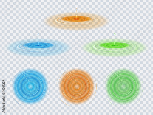 波紋と水滴の素材セット_透過_青_オレンジ_緑