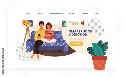 Young couple use mobile phone at home. Smartphone and digital technology addiction concept illustration. Vector web site design template. Landing page website illustration.