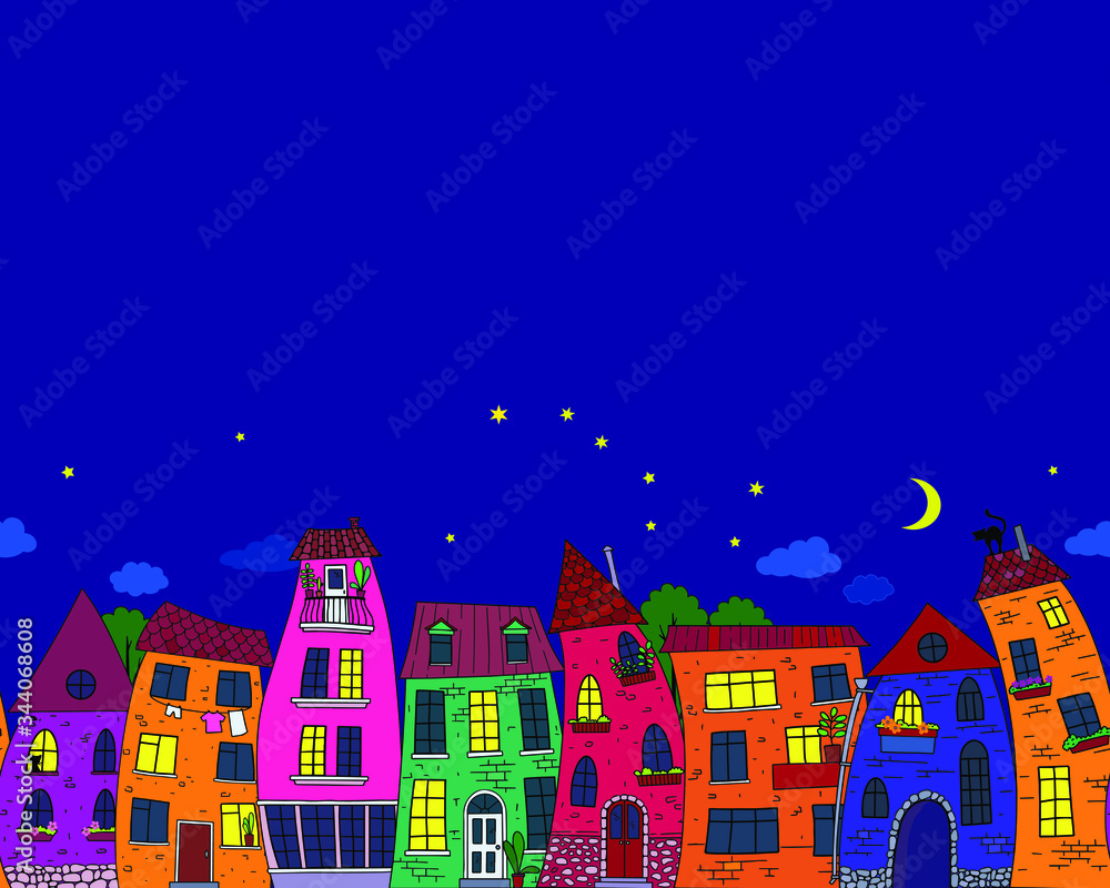 Horizontal seamless border. Starry night, street with bright decorative houses. For postcards, prints, Wallpapers, and other design elements.