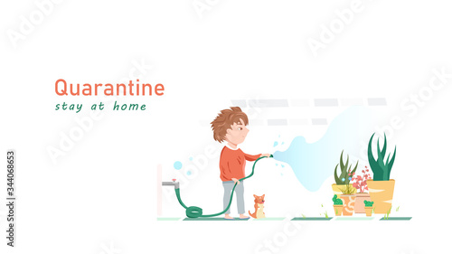 Human leisure activities watering plants, people quarantine relax time with pet, cartoon character flat design, idea creative background vector illustration
