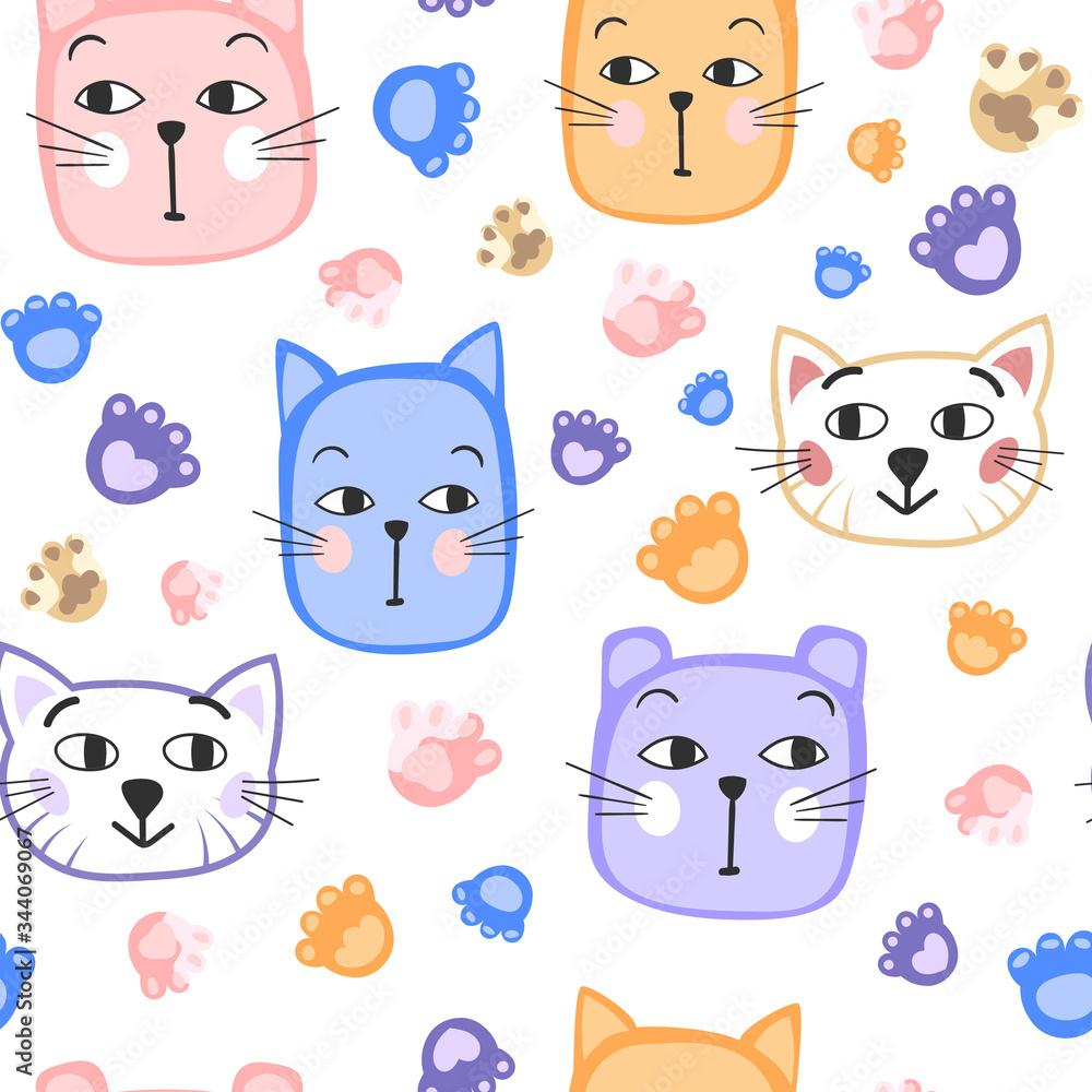 Cute cartoon faces of cats and cat's paws. Seamless pattern. Isolated vector illustration on a white background. Cute cartoon faces of cats and cat's paws. Seamless pattern. Isolated vector illustration on a white background.