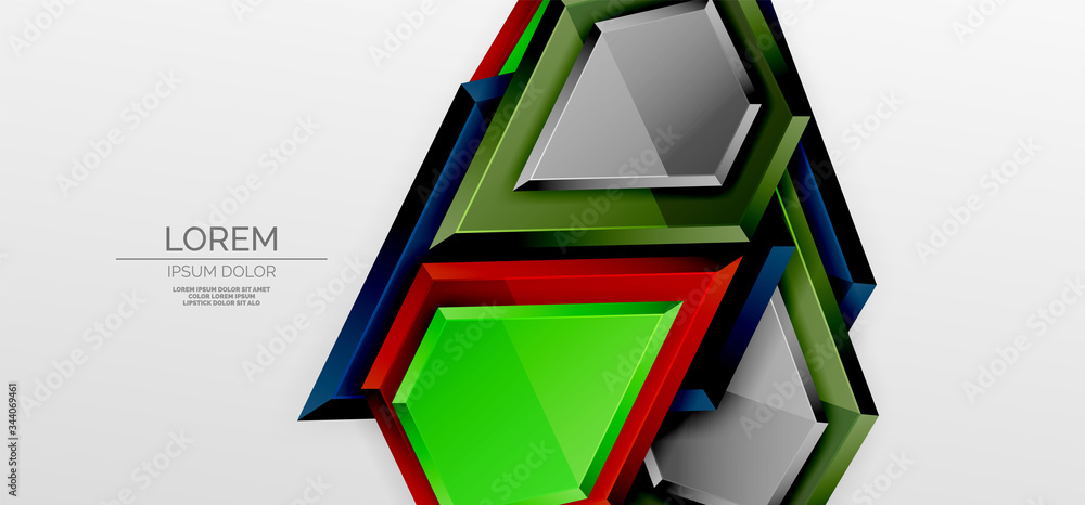 Metal glossy shiny geometric shapes with 3d effect composition. Techno futuristic vector abstract background For Wallpaper, Banner, Background, Card, Book Illustration, landing page
