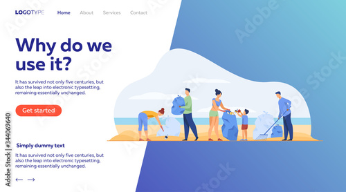 Eco volunteers cleaning sea or ocean beach from garbage. People, family with child collecting trash and sorting waste outdoors. Vector illustration for ecology, planet, nature