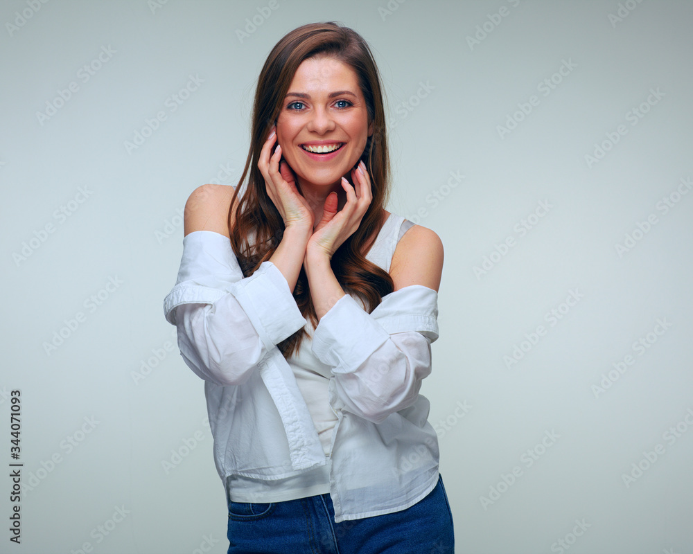 Beautiful woman in white smile and posing in fashion style Beautiful woman in white smile and posing in fashion style