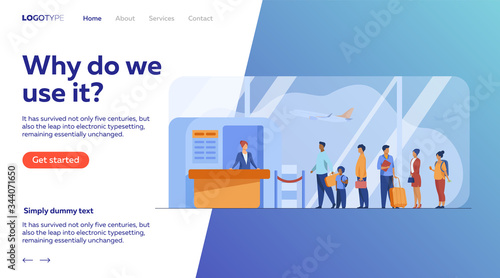 Airport queue vector illustration. Line of tourists standing at check in desk. Flight passengers waiting for boarding to plane in departure area