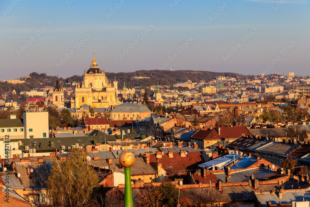 Aerial view of St. George's Cathedral and old town of Lviv in Ukraine. Lvov cityscape. View from bell tower of Church of Sts. Olha and Elizabeth Aerial view of St. George's Cathedral and old town of Lviv in Ukraine. Lvov cityscape. View from bell tower of Church of Sts. Olha and Elizabeth