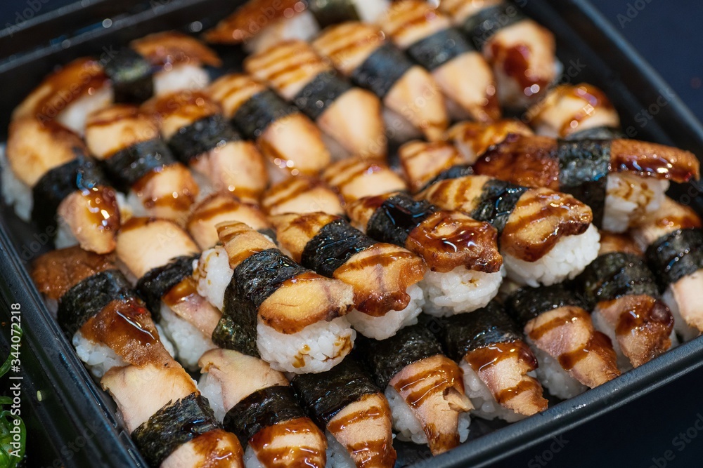 Close up of Asian Sushi on the plat, Japan street food market