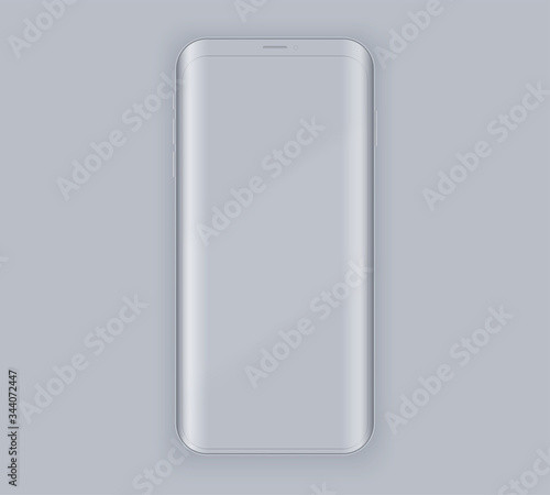 Smartphone layout presentation mockup. Example gray frameless model smartphone with touchscreen on gray background. Project application mockup. Vector Illustration