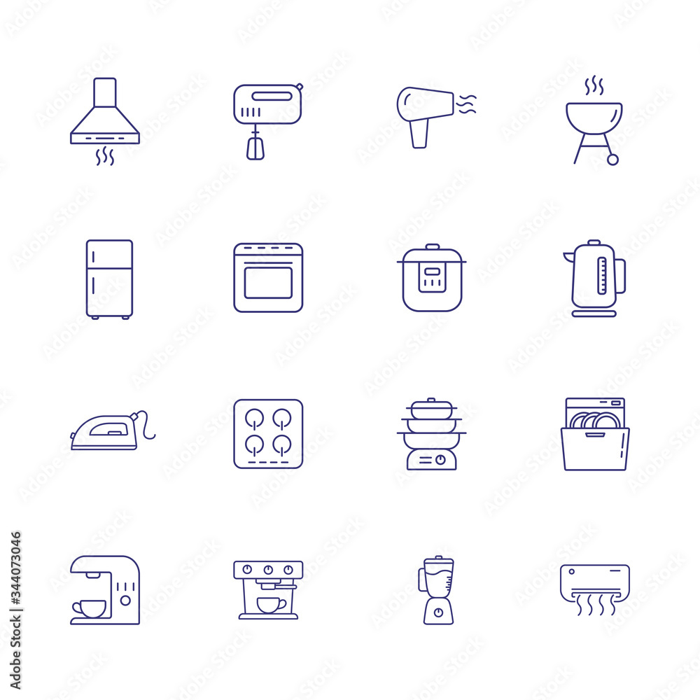 Household equipment line icon set. Set of line icons on white background. Household concept. Iron, microwave, oven, mixer. Can be used for topics like home, kitchen, technics