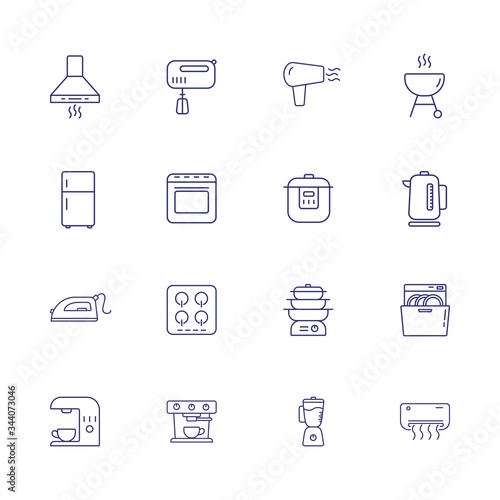 Household equipment line icon set. Set of line icons on white background. Household concept. Iron, microwave, oven, mixer. Can be used for topics like home, kitchen, technics