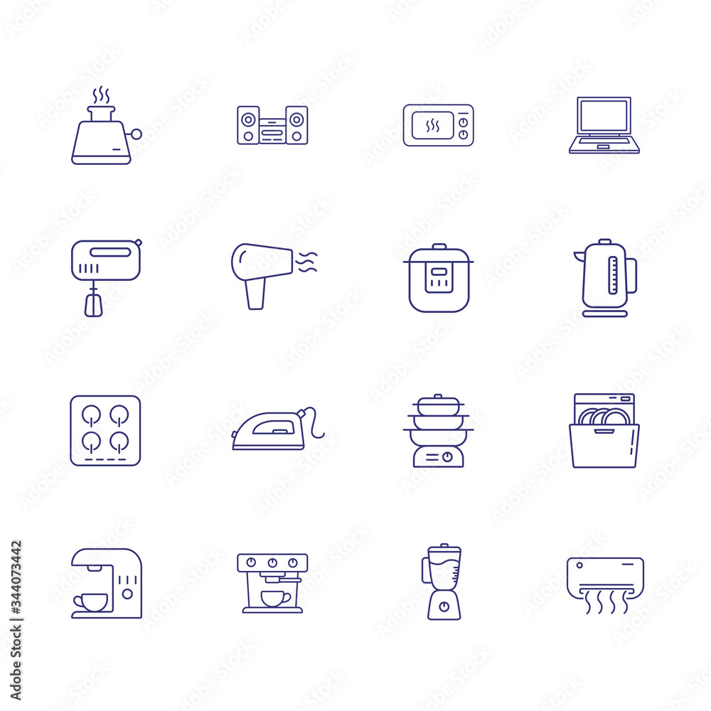 Home appliances line icon set. Set of line icons on white background. Household concept. Iron, microwave, oven, mixer. Can be used for topics like home, kitchen, technics Home appliances line icon set. Set of line icons on white background. Household concept. Iron, microwave, oven, mixer. Can be used for topics like home, kitchen, technics