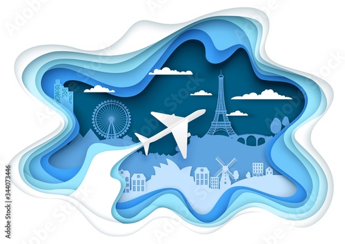 Air travel concept vector layered paper cut style illustration