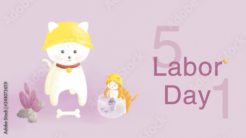 Illustration of labor day,puppy stands beside the kitten looking at the fish in the goldfish tank