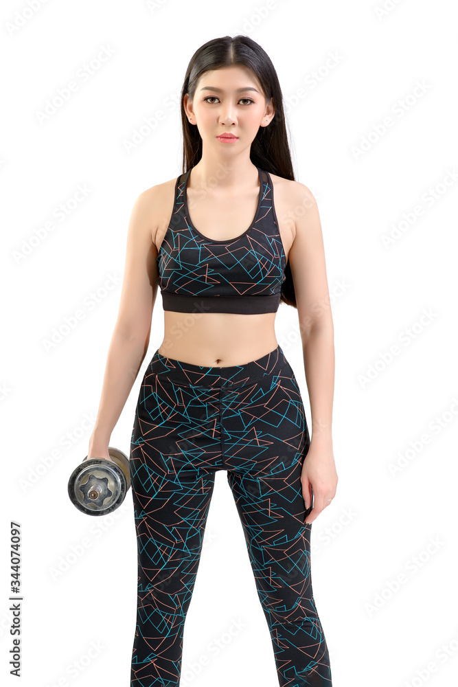 Tan Skin Asian Fitness Girl in Sexy Cute Sport Bra black spandex