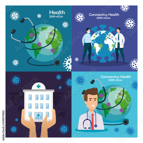set banners of medical icons with particles of 2019 ncov vector illustration design