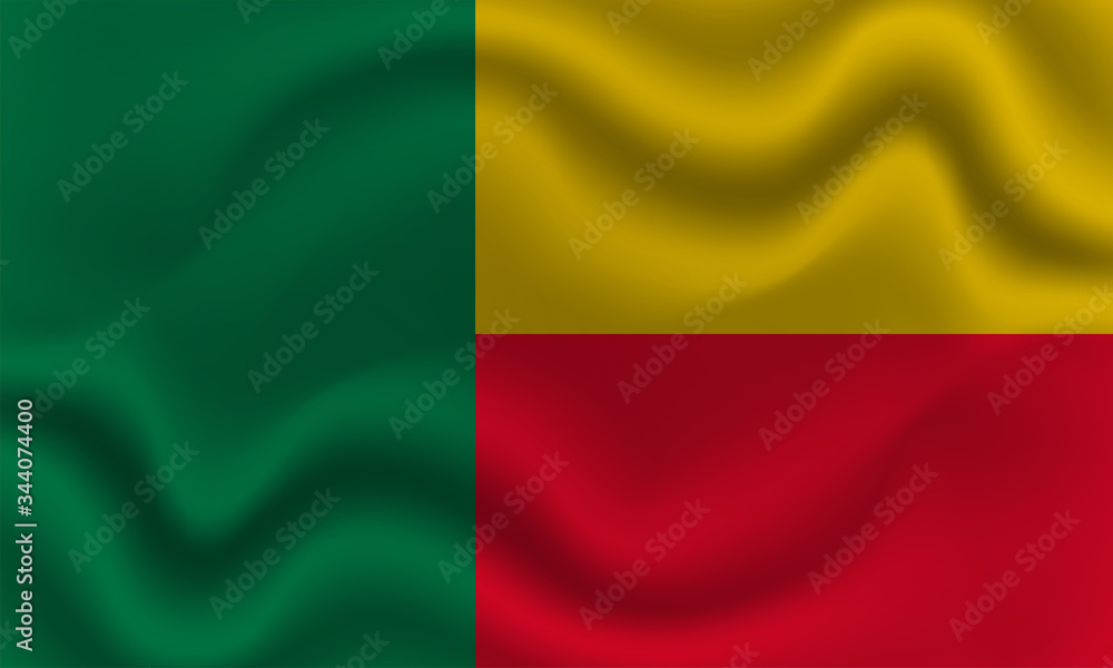 national flag of Benin on wavy cotton fabric. Realistic vector illustration.