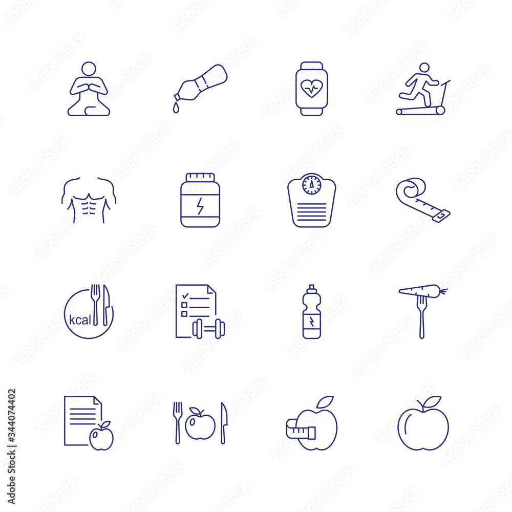 Losing weight concept. Set of line icons on white background. Dieting, fitness, training. Healthy lifestyle concept. can be used for topics like wellbeing, body care, sport Losing weight concept. Set of line icons on white background. Dieting, fitness, training. Healthy lifestyle concept. can be used for topics like wellbeing, body care, sport