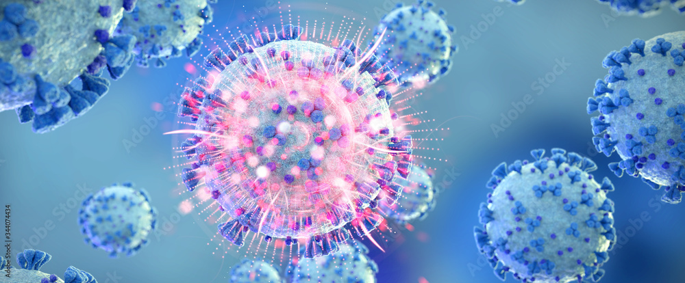 Microscopic close-up of the covid-19 disease. Coronavirus illness spreading in body cell. 2019-nCoV analysis on microscope level 3D rendering Microscopic close-up of the covid-19 disease. Coronavirus illness spreading in body cell. 2019-nCoV analysis on microscope level 3D rendering