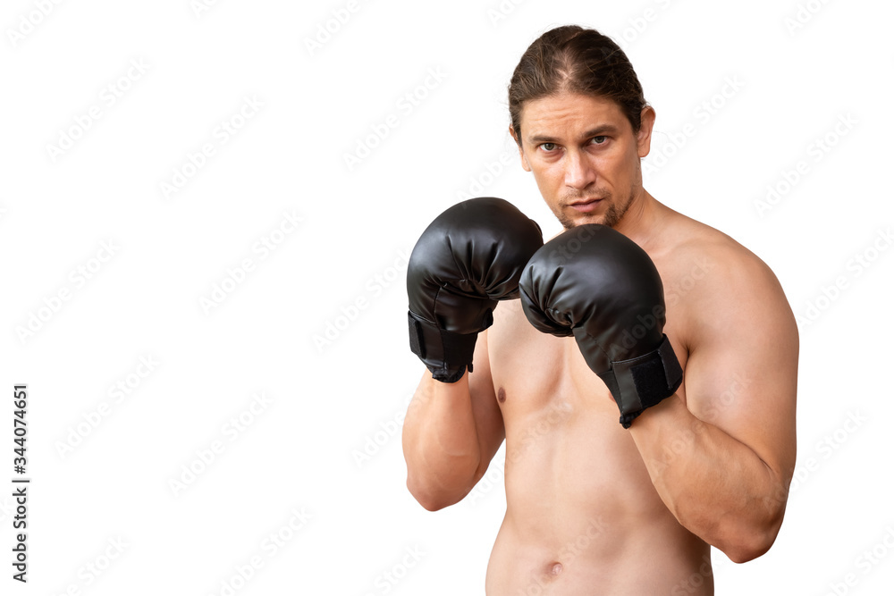 Athlete muscular handsome man posing punching with boxing gloves on white background, looking at camera