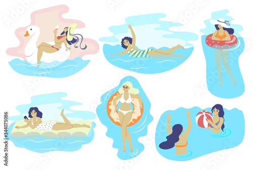 Swimming beach girls, vector flat isolated illustration