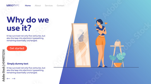 Narcissist lady standing at mirror and looking at reflection of her back. Young woman trying shirt on, hugging herself. Vector illustration for self love, self-esteem, female behavior concept