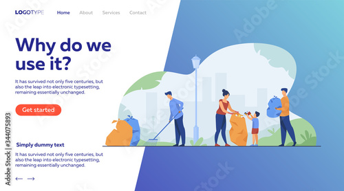 Volunteers community cleaning garbage flat vector illustration. People working in team for city ecology protection. Environment, nature and clean planet concept