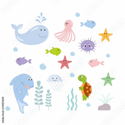 A set of children's illustrations of marine life. Hand drawn sea clipart. Design of children's books, posters, clothing, textiles, rooms. © Полина Екимова