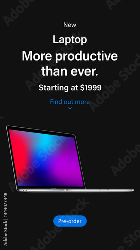 laptop silver color with colored screen saver for advertising on instagram stories. realistic and detailed notebook mockup isolated on black background. stock vector 3d isometric illustration