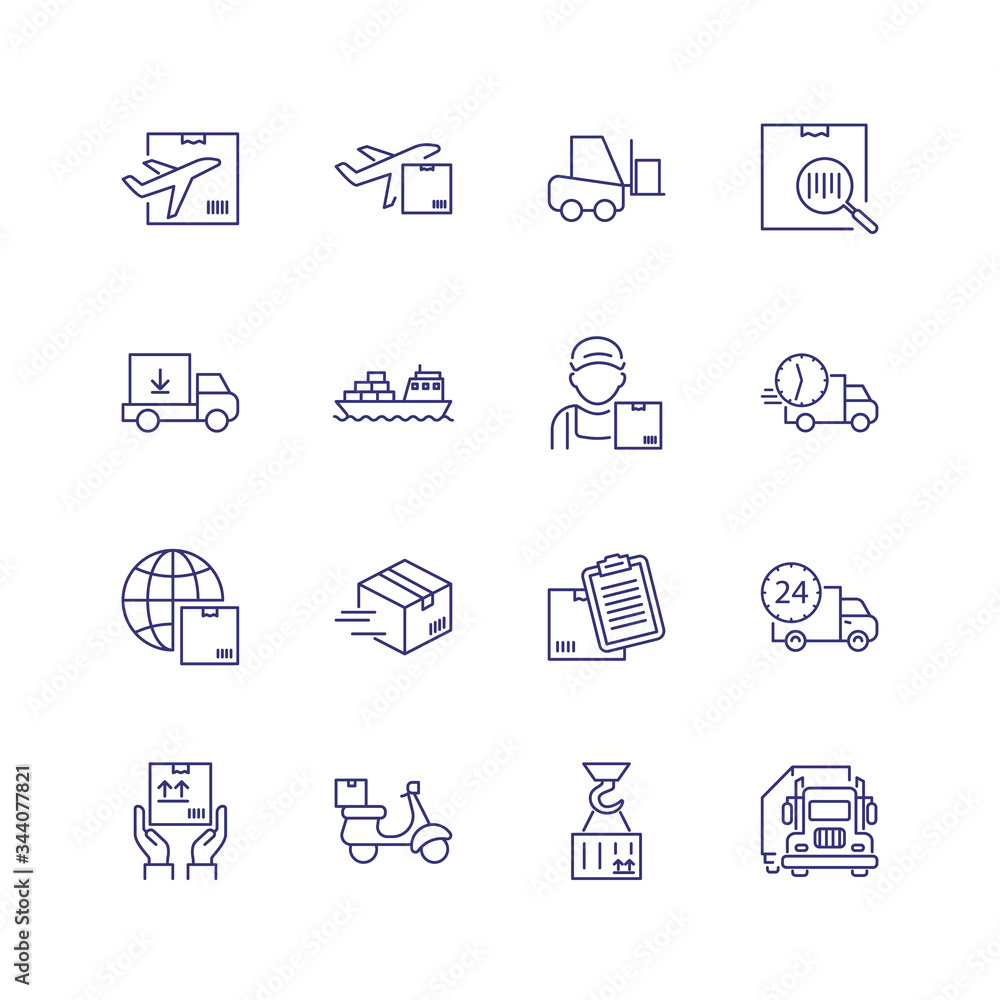 Delivery line icon set. Courier, ship, truck. Shipment concept. Can be used for topics like cargo, mailing, postal service Delivery line icon set. Courier, ship, truck. Shipment concept. Can be used for topics like cargo, mailing, postal service