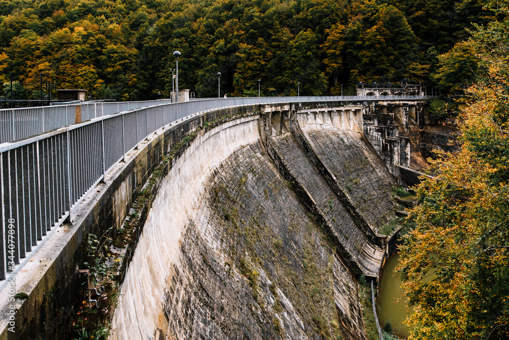 Detail of the Irabia dam surrounded by trees in autumn. Detail of the Irabia dam surrounded by trees in autumn.